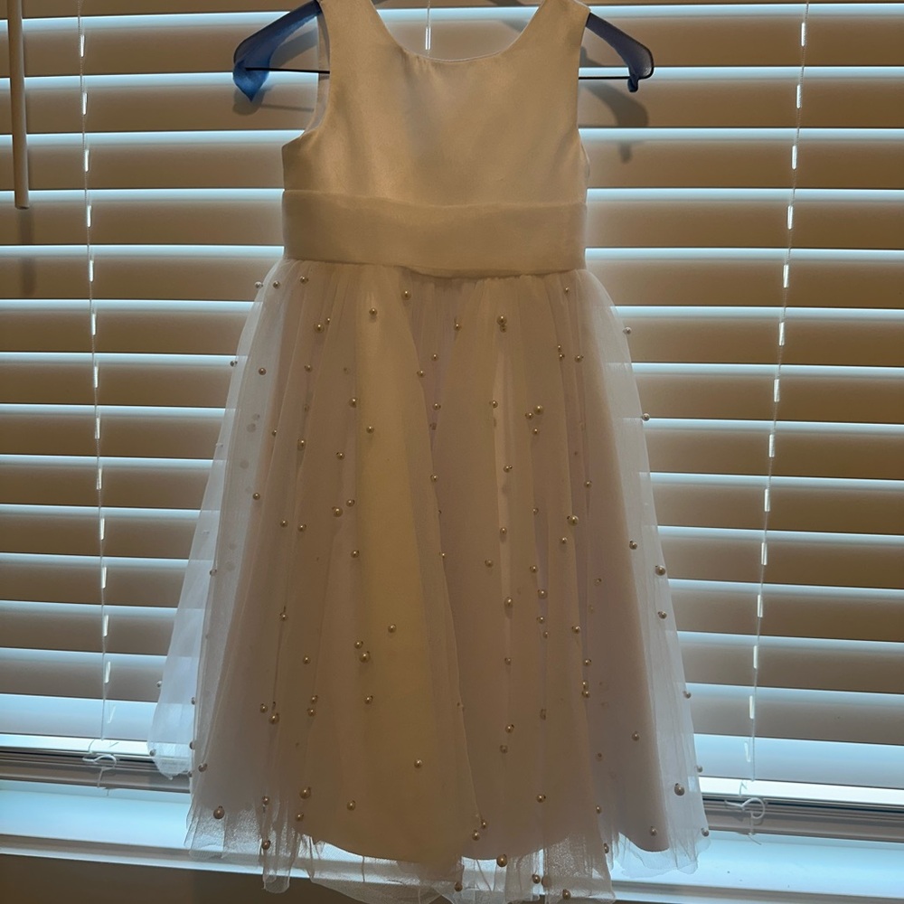 JJs House White Pearl-Detail Tulle Flower Girl Dress 2T